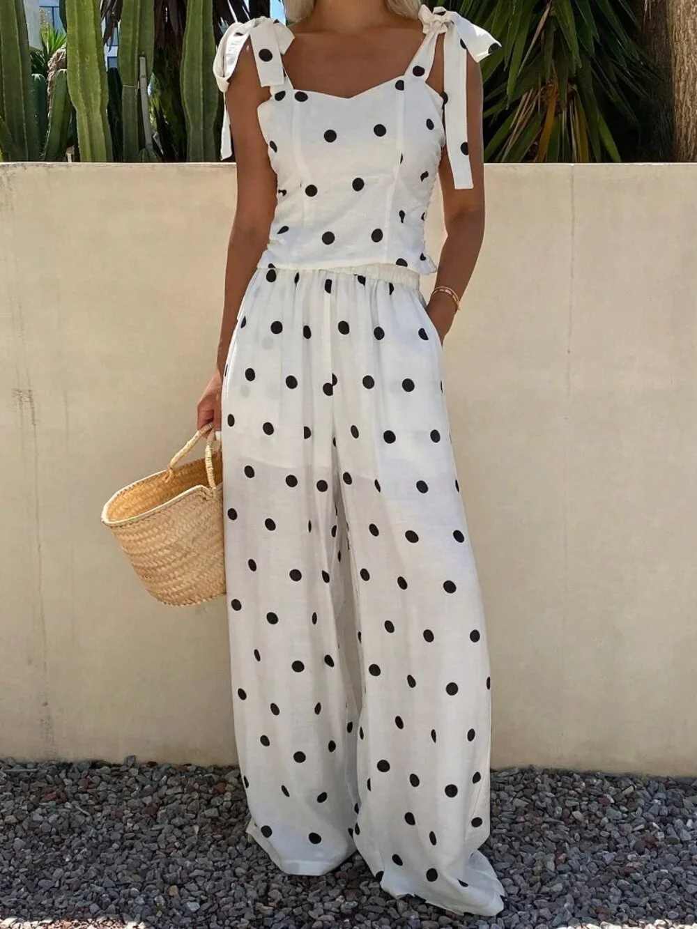 White Casual Women's Polka Dot Print Camisole Top & Loose Straight Leg Pants Set